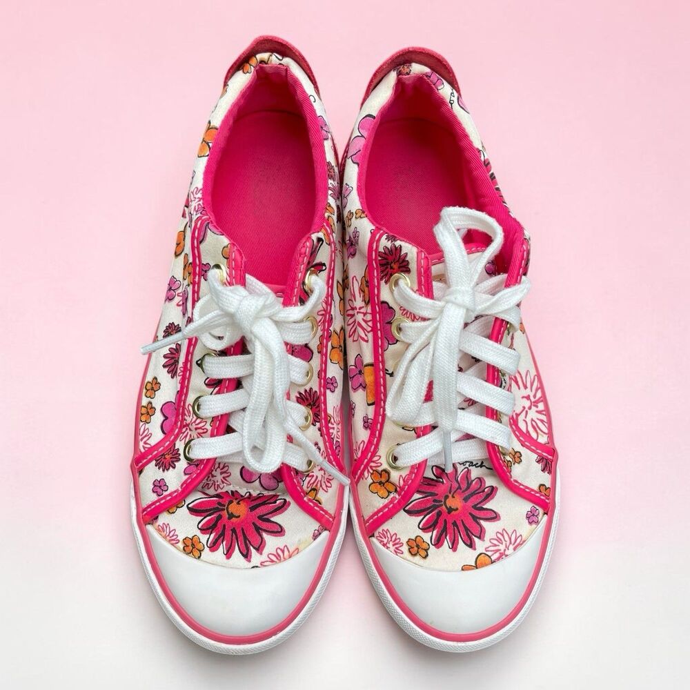 Y2K Floral Coach Barrett Canvas Sneakers Pink White Lace Up Shoes Women's 8B